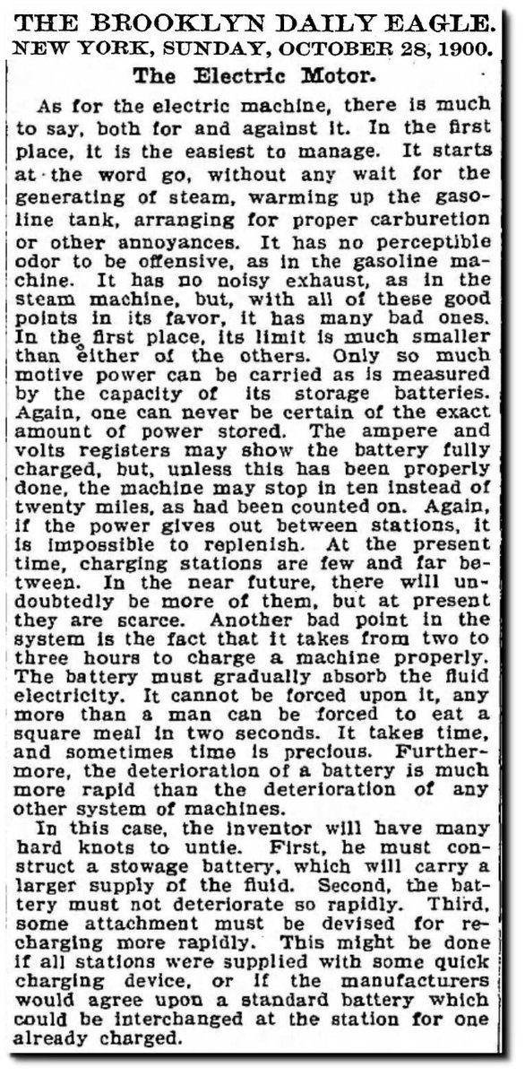 For most people, EV's are not a sensible alternative to vehicles powered by liquid fuels. In the year 1900, nearly 40% of US cars were EV's - but they suffered from exactly the same issues as current EV's. #ClimateScam newspaperarchive.com/brooklyn-daily…