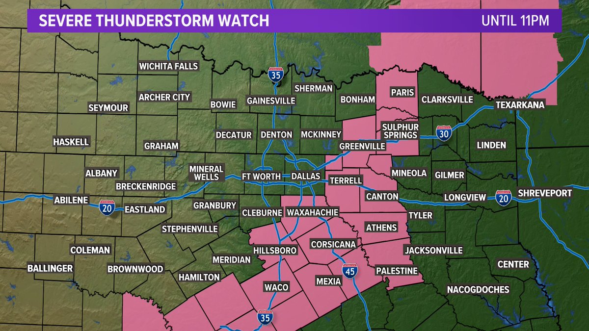 The Severe Thunderstorm Watch has been cancelled for Collin, Dallas, and Fannin counties. It still continues for areas east of DFW in eastern and southern North Texas until 11pm tonight. #wfaaweather