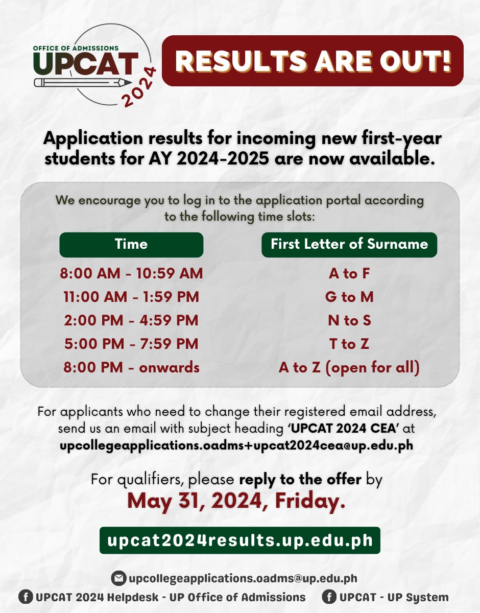 upsystem's tweet photo. The #UPCAT2024 results are out!

Please check the official announcement from the @UPOAdms below. https://t.co/GMo712RN3c