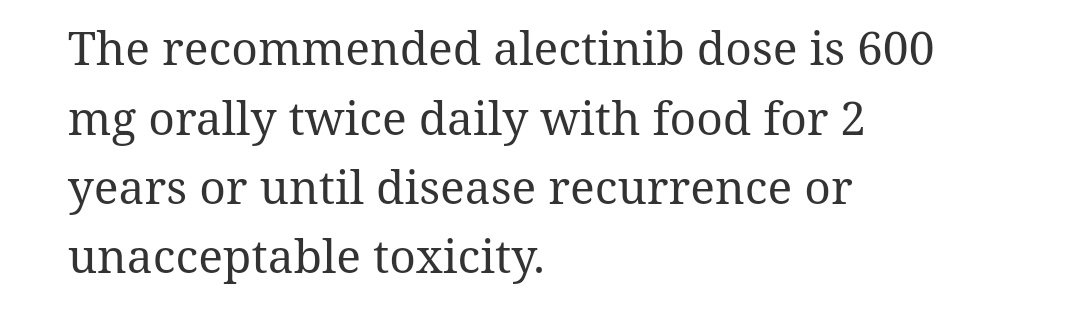 As expected @usfda gave approval for adjuvant Alectinib for adjuvant NSCLC who are 4 CM or more in Size or node positive. Alectinib is approved at dose 600 Mg Twice a day along with food for 2 years or until disease recurrence or unacceptable toxicity.