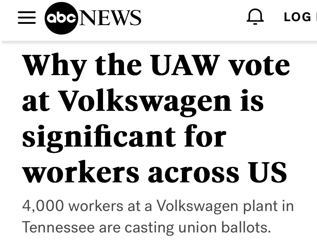 BREAKING: 4,000 workers are now casting union ballots at a Volkswagen plant in Tennessee. This wouldn’t have been possible without the massive surge of energy in the labor movement over the last year! Let’s show our solidarity and amplify their efforts! #UnionsForAll