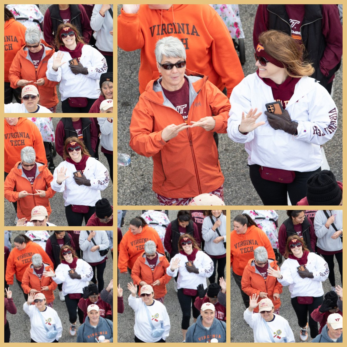 1992Hokie's tweet photo. When you go through thousands of pictures that Virginia Tech posted from the #VT32Run and then CANNOT stop laughing because your VT Bestie can't figure out how to make the VT sign! 🤣 https://t.co/D88M3mG9e5