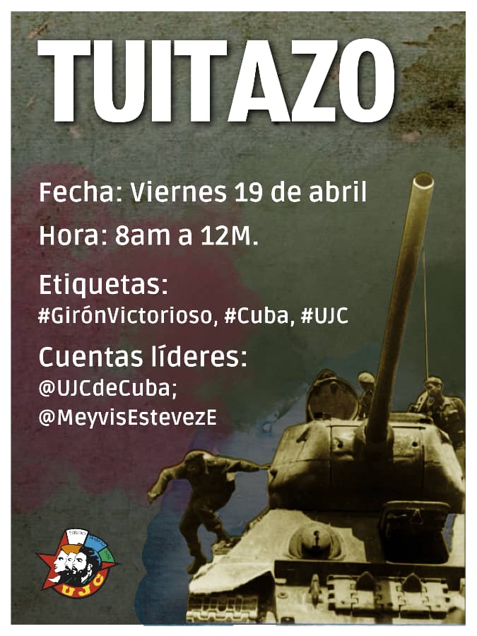Te invitamos mañana a participar en un Tuitazo en homenaje a quienes fueron protagonistas de las acciones de Playa Girón, a esos hombres y mujeres que no dudaron en tomar las armas para defender la paz y la soberanía del pueblo cubano. ¡Te esperamos! #GirónDeVictorias #UJC