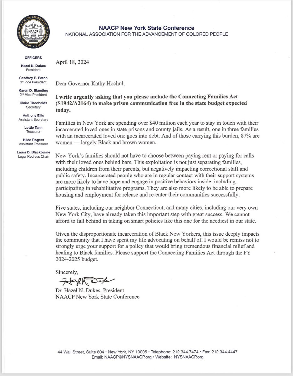 BiancaTylek's tweet image. President of @NAACPNYS, Dr Hazel Dukes, has weighed in on free prison calls. “I would be remiss not to urge your support for a policy that would bring tremendous financial relief and healing to Black families.”

@GovKathyHochul @AndreaSCousins @CarlHeastie where do you stand?