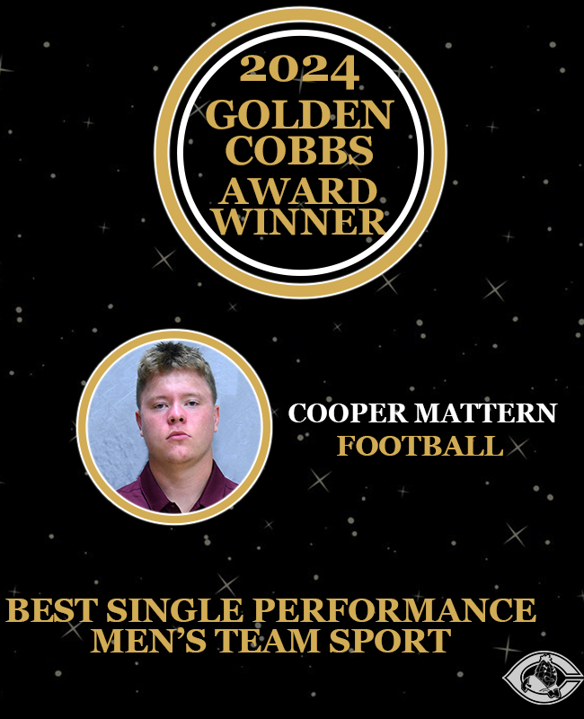 Congratulations to Football player Cooper Mattern for his win in the Best Single Performance by a Male Team Sport Athlete category! Cooper surpassed the school record for passing yards, throwing 401 yards in the Cobbers' Homecoming 58-14 win against Hamline. #RollCobbs