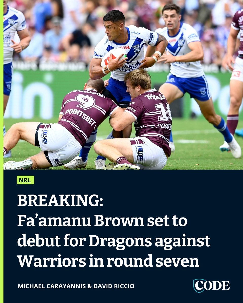 Just days after he stepped off a plane from England, Fa’amanu Brown will play his first game for the Dragons against the Warriors in round 7. DETAILS: bit.ly/4aGt1cc