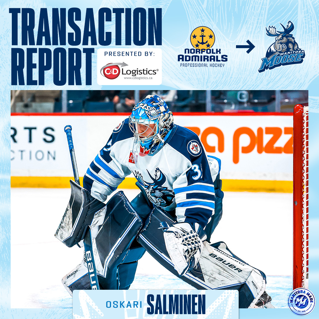 The #NHLJets have reassigned Oskari Salminen from the @NorfolkAdmirals to the #MBMoose. Salminen has played in 12 games for Norfolk and posted a record of 8-2-1 with a 2.82 GAA and a .897 SV%. Transaction Report presented by @CDLogisticsca Details >> bit.ly/3TYUQW2