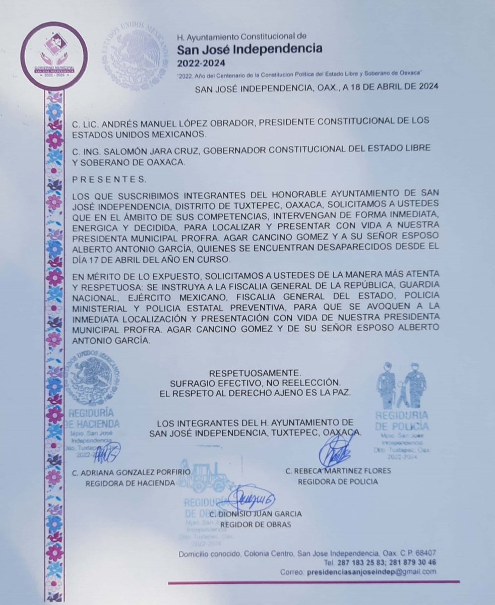 NuevoSiglo_Mx's tweet photo. Cabildo de San José Independencia, Tuxtepec solicitan al Pte @lopezobrador_  y al Gdor @salomonj  su intervención para encontrar con vida a la edil Agar Cancino y su esposo

@FISCALIA_GobOax @FiscalOaxaca @rosaicela_ https://t.co/ehgfj2pcTY
