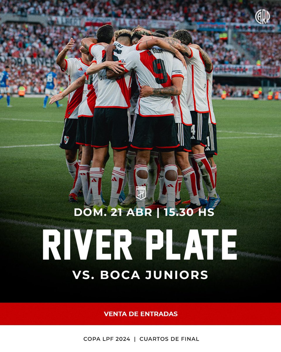 RiverPlate's tweet photo. Venta de entradas | River Plate vs. Boca Juniors | Cuartos de final Copa de la LPF

Este viernes 19/4 a las 14 hs., la LPF abre la venta de entradas a través de Deportick para socios de River, quienes deberán obtener previamente un código en RiverID.

Los códigos estarán disponibles desde el viernes a las 10 hs. para:
•⁠  ⁠Socios
•⁠  ⁠Somos River con domicilio en las provincias de Córdoba, San Luis, La Pampa, Santiago del Estero, Catamarca y La Rioja.

ℹ️ https://t.co/aCgFcFxaY9