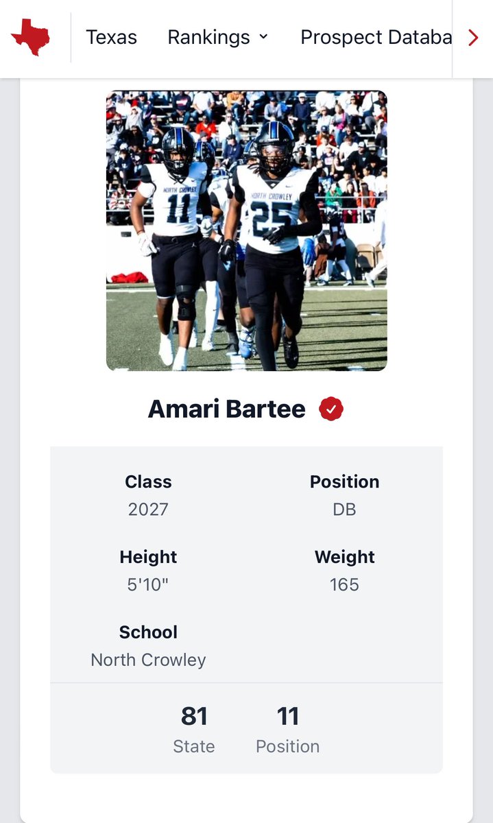 Thankful to be Ranked by @PrepRedzoneTX in the 2027 top 100! 11th DB in the state. More work to be done! @NorthCro_FB @Coach_Adeboyejo @therealraygates @coachwvde