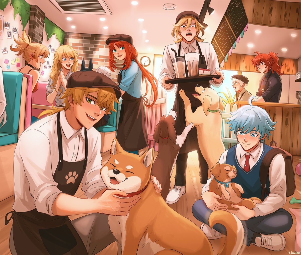 ディルック(原神) ,ネル(原神) ,トーマ(原神) 「A new trendy dog cafe has just opened it」|Chalseu 🏳️‍🌈のイラスト