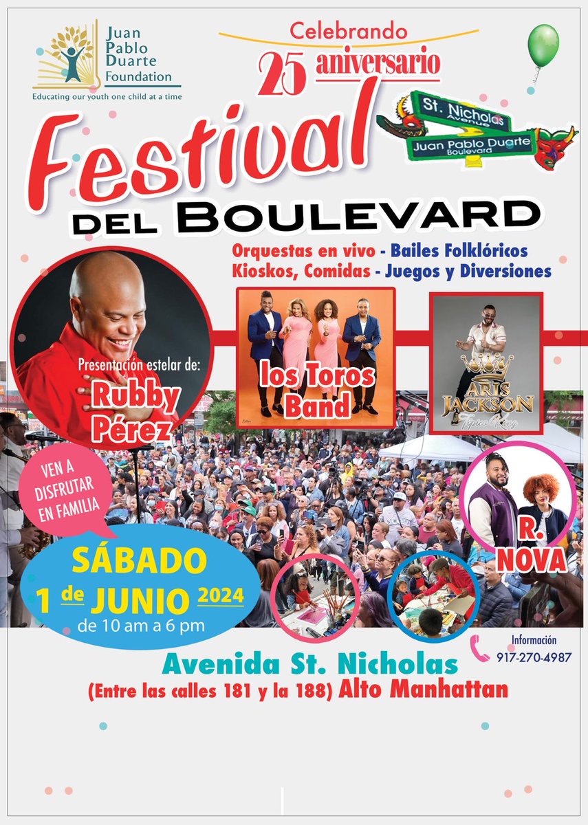 ¡Atracciones confirmadas! Ruby Pérez, Los Toros Band, Aris Jackson, R. Nova y más. 25 años de nuestro festival! Para mas información llame al 917-270-4987.

#washingtonheights #inwood #uptownmanhattan #communitybuilding #FestivalDelBoulevard