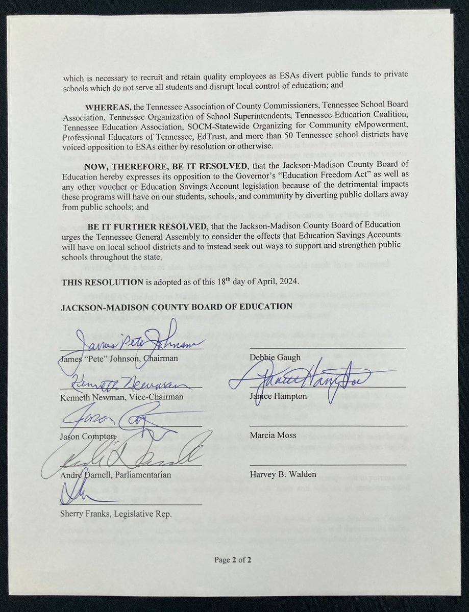 Please retweet 🚨 Majority of the JMCSS Board takes action on resolution opposing vouchers (savings accounts, scholarships, free money no strings, etc.) — whatever you want to call it. See below!! #winning