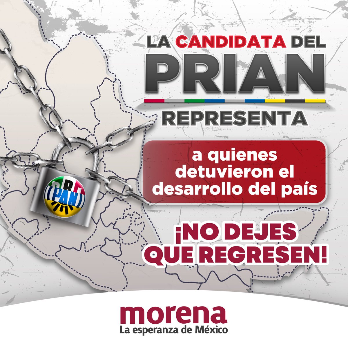 PartidoMorenaMx's tweet photo. La candidata del PRIAN representa la corrupción y el saqueo del pasado.

No dejaremos que regresen quienes detuvieron el desarrollo de México y se robaron los bienes de la nación.

¡Que no vuelvan nunca! https://t.co/88cK69qxlV