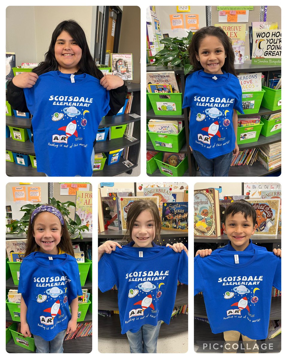 SCOTSLibrary1's tweet photo. Congrats to our new AR t-shirt winners! We have 1st graders with 50 pts, 2nd graders with 75 pts, and 3rd graders with 100 pts! You guys rock! Those shirts look great on you already! @Scotsdale_YISD @LizGzM @cmlozano96 https://t.co/585Y2P2wix