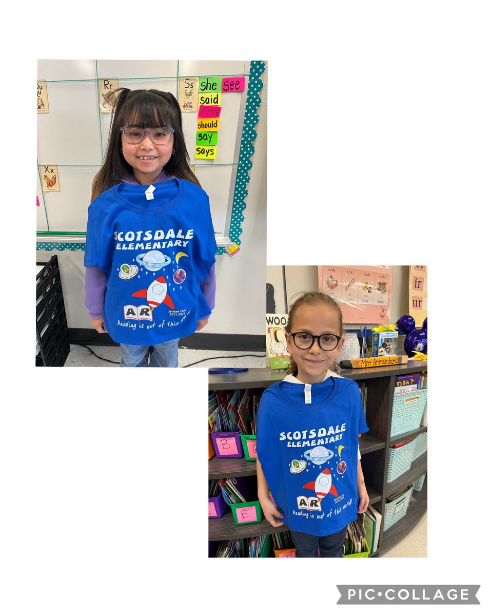 SCOTSLibrary1's tweet photo. Congrats to our new AR t-shirt winners! We have 1st graders with 50 pts, 2nd graders with 75 pts, and 3rd graders with 100 pts! You guys rock! Those shirts look great on you already! @Scotsdale_YISD @LizGzM @cmlozano96 https://t.co/585Y2P2wix