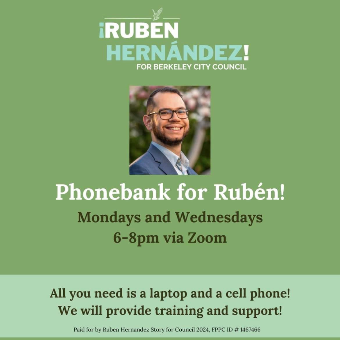 We will be canvassing every Saturday & Sunday from 10 am to 2 pm & phone banking every Monday & Wednesday from 6 to 8 pm. Can’t make those times? We can set you up for individual outreach! #ruben4berkeley 🦉 Volunteer: bit.ly/RHSD4VOL Donate: bit.ly/RubenD4