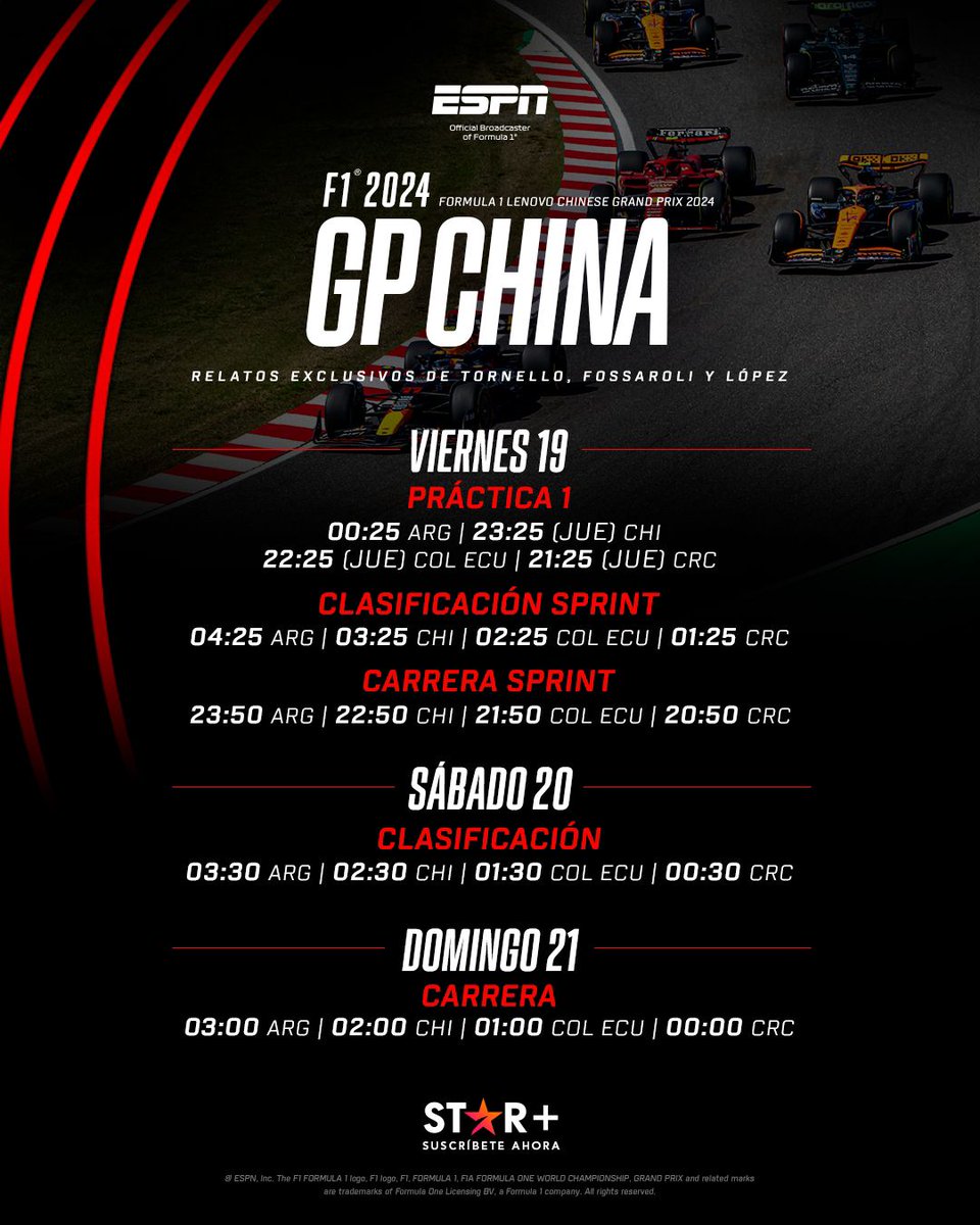 ¡LA #F1 VUELVE A CHINA CON LA PRIMERA SPRINT DEL AÑO! 🏎️🇨🇳 ¡No te pierdas nada de lo que pase este fin de semana en el Circuito Internacional de Shanghai! Seguí las clasificaciones, la carrera sprint y el Gran Premio de China en vivo por @StarPlusLA ⭐