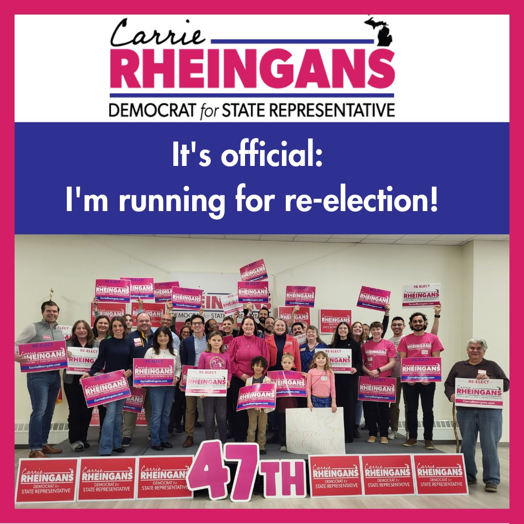 It's official: I am running for re-election to the Michigan House! This term has been busy. Since you voted to send me to Lansing in 2022, my colleagues and I have passed legislation to protect abortion rights, LGBTQ+ rights, voting rights, and workers’ rights 1/ #Rheingans4Rep