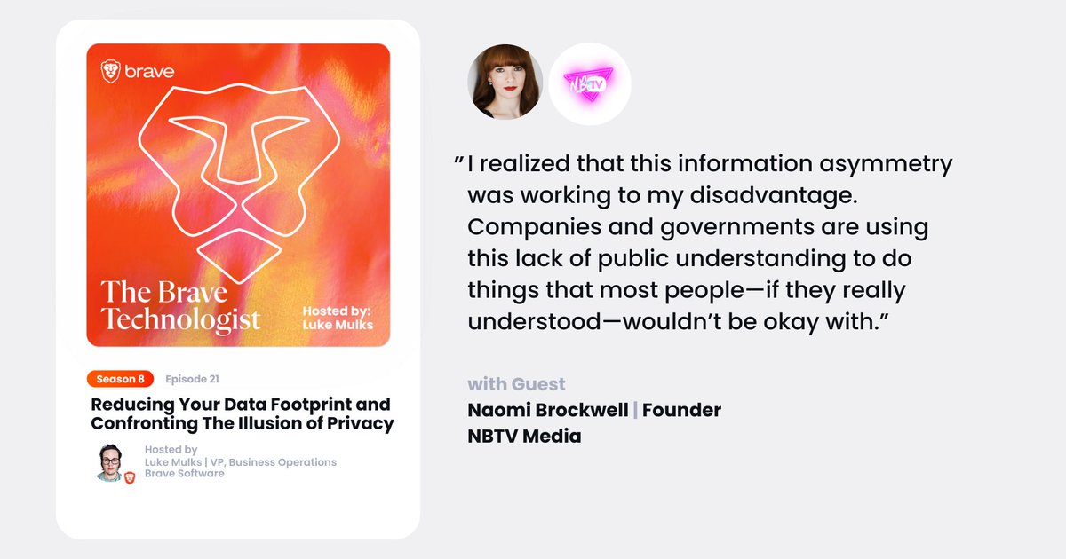 This week on #TheBraveTechnologist, @NaomiBrockwell talks with Brave's @LukeMulks about the easiest ways to reduce your digital footprint. Listen to the full podcast here: kite.link/S8E21