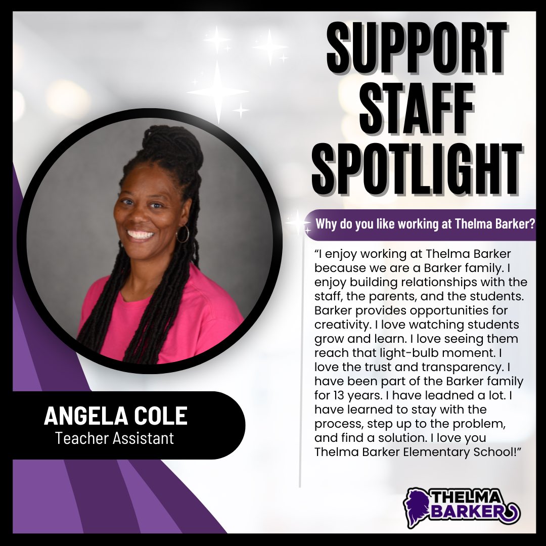 Our next employee spotlight goes to the amazing Mrs. Cole! We love you and are so thankful for you! ✨💜 #BarkerAwesome