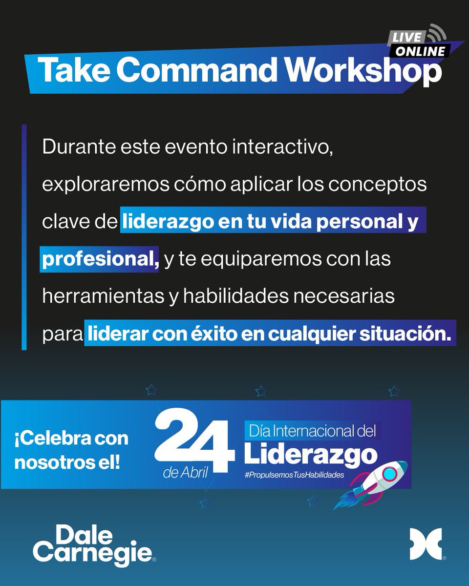 No te pierdas este 24 de Abril de 7 a 9 p.m. Este gran Workshop Live Online diseñado para ti, Totalmente Gratis para celebrar el “Día Internacional del Liderazgo”.

Es momento de “Tomar el Control”.

Regístrate ya en el siguiente link y aparta tu lugar: 

dalecarnegiemexico.com.mx/landing-lidera…