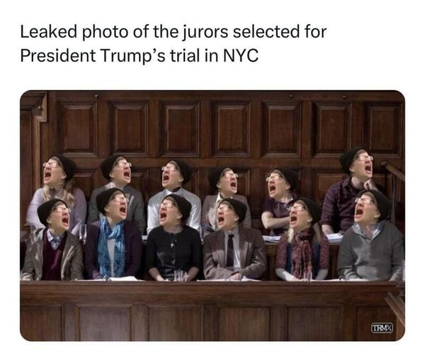 Leaked photo of the jurors selected for President Trump's trial. Probably not far from reality, considering a fair trial is near impossible in NYC.