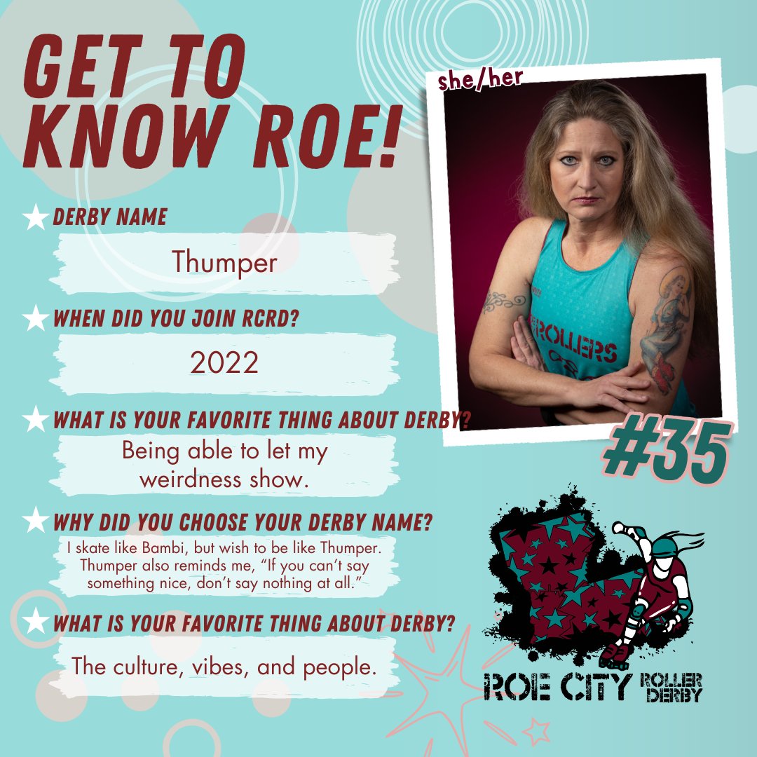 Our first bout on May 4 is coming up faster than we know it! Over the next few weeks, we will be introducing our rostered skaters and coaches, as well as our NSOs!!! 
The next person we are introducing is Thumper!

#RCRD #RoeCity #RoeCityRollerDerby #RoeCityRollers
