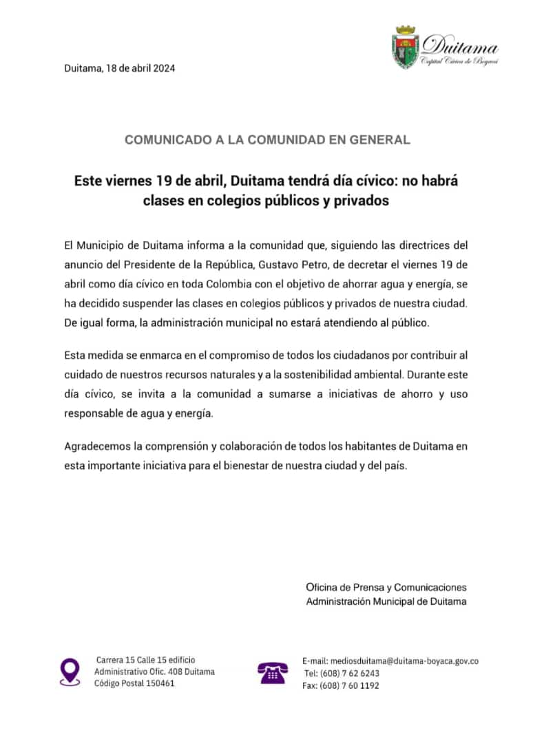 Desde la alcaldia de Duitama, acogemos la directriz del compañero Presidente @petrogustavo y se declara #diaCivico para nuestra ciudad. Un día de paz con el medio ambiente. El 19 de abril es y será un día de conciencias. Los colegios no tendrán clases y la administración pausara.