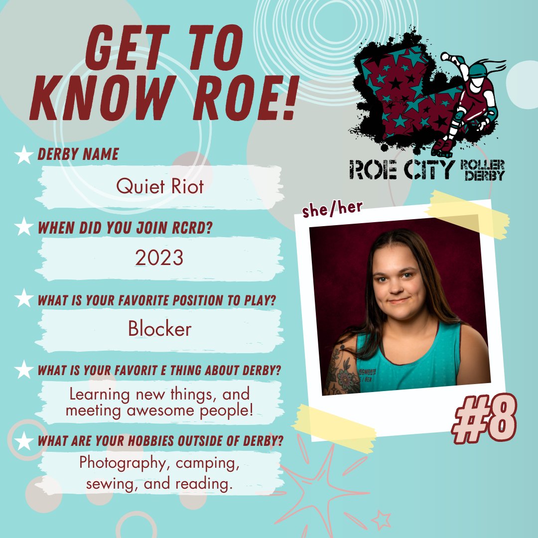 Our first bout on May 4 is coming up faster than we know it! Over the next few weeks, we will be introducing our rostered skaters and coaches, as well as our NSOs!!! 
The next person we are introducing is Quiet Riot!

#RCRD #RoeCity #RoeCityRollerDerby #RoeCityRollers #RCR
