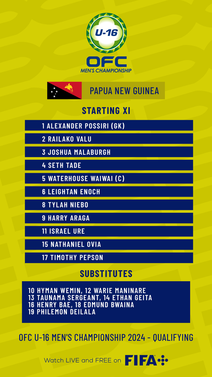 OFCfootball's tweet photo. TEAM NEWS | These are your line-ups as Tonga and Papua New Guinea go head-to-head for the final match of the OFC U-16 Men’s Championship 2024 - Qualifying.

Watch the action LIVE and FREE on FIFA +
https://t.co/GXmHnLdPAg

#OU16M https://t.co/xjnp7ktPeP