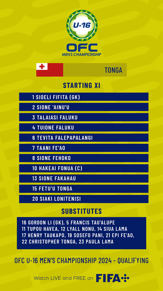 OFCfootball's tweet photo. TEAM NEWS | These are your line-ups as Tonga and Papua New Guinea go head-to-head for the final match of the OFC U-16 Men’s Championship 2024 - Qualifying.

Watch the action LIVE and FREE on FIFA +
https://t.co/GXmHnLdPAg

#OU16M https://t.co/xjnp7ktPeP
