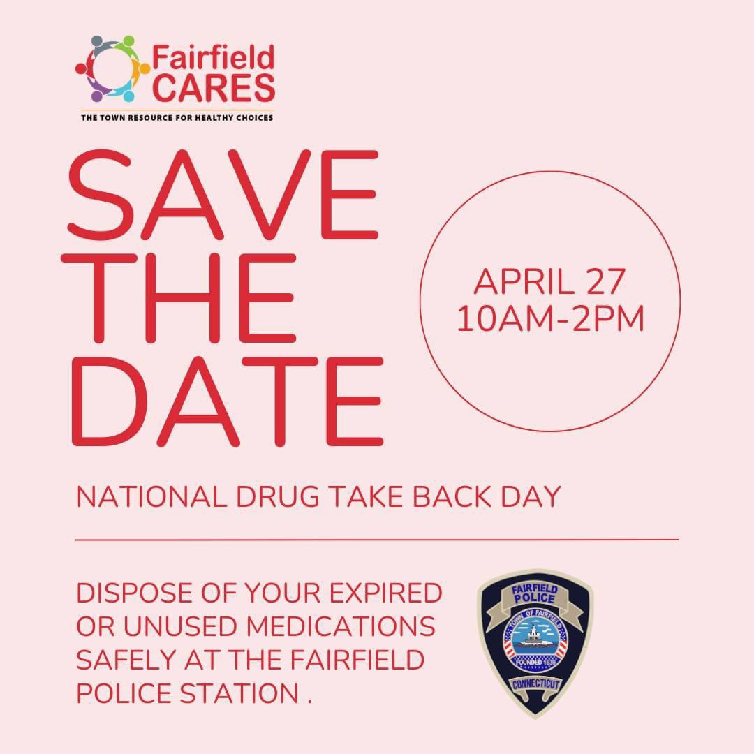 FairfieldCARES's tweet photo. Save the Date!

National Drug Take Back Day is just around the corner. Join us on April 27th at the Fairfield Police Station between 10:00 AM and 2:00 PM to dispose of your expired or unused medications safely.

#DrugTakeBack #CommunityWellness #FairfieldCARES https://t.co/qlGKvBwnas