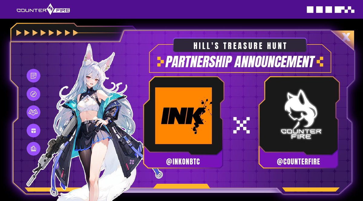 Ink 🤝 Counter Fire

We're proud to be partnering with <a href="/playCounterFire/">Counter Fire</a> in Hill's Treasure Hunt. 💰

Every Ink holder (must have Holder role in INK discord) can claim a Tier 2 chest for FREE!

🎁 10,000,000 $CEC token
🔗 Join Now: treasure.counterfire.games