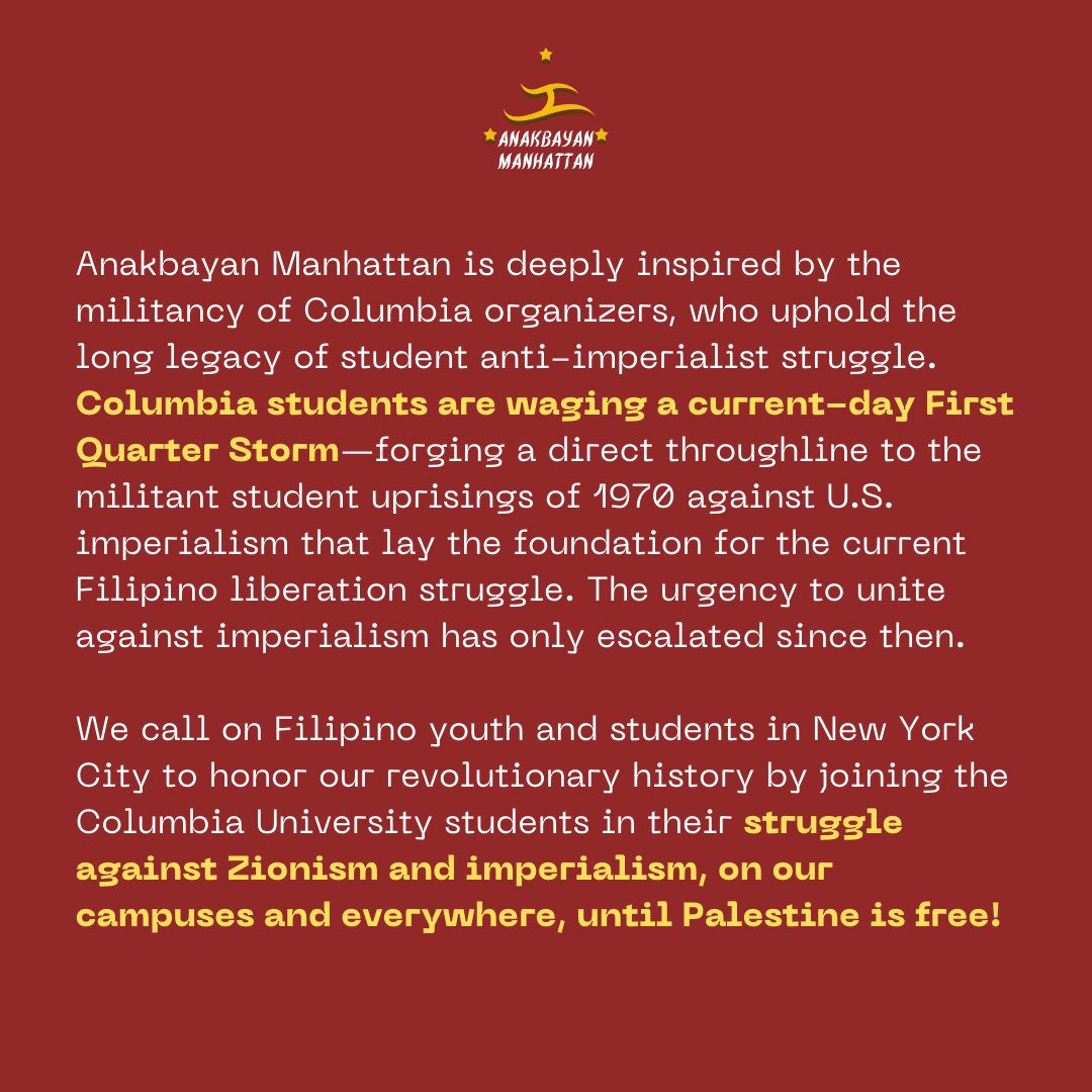 🔻 Only through militant struggle can the best in youth emerge. 🔻

We stand with the Columbia students and the Gaza Solidarity Encampment and are inspired by their militancy. Filipino youth, honor our revolutionary history and struggle against Zionism &amp; imperialism!