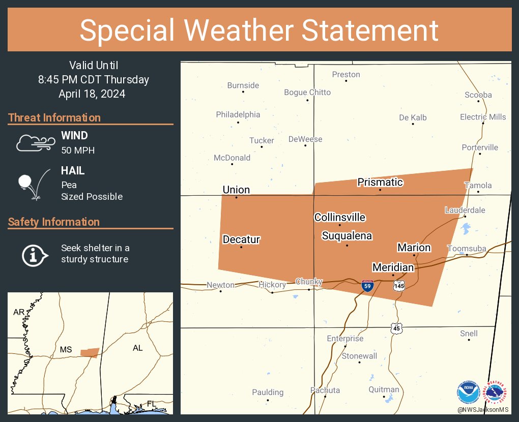 A special weather statement has been issued for Meridian MS, Union MS and  Collinsville MS until 8:45 PM CDT