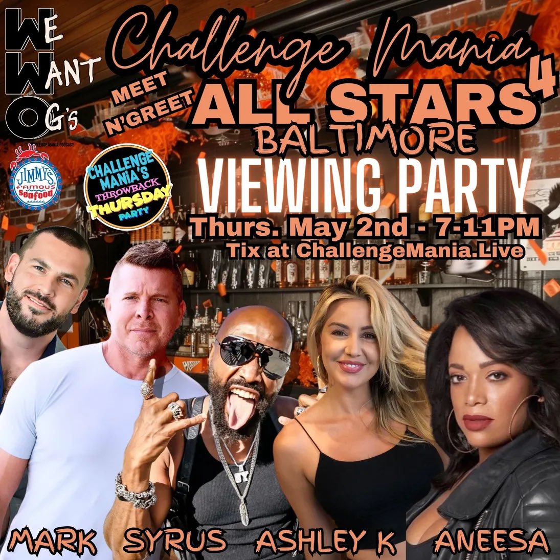 BALTIMORE, MD! MAY 2ND! Ain’t no party like #TheChallengeAllStars4 VIEWING PARTY! @JimmysSeafood! ⭐️ - SPECIAL GUESTS! ⭐️ @TheMarkLong @AneesaMTV @syrusmtv @AshleyMarieMTV @SHOTOFYAGER ⭐️ - TICKETS at ChallengeMania.LIVE ⭐️