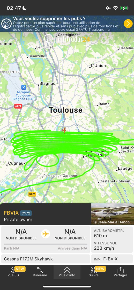Il est 02h47 et il y a un #avion qui survole #Toulouse en pleine nuit. Que se passe-t-il ?