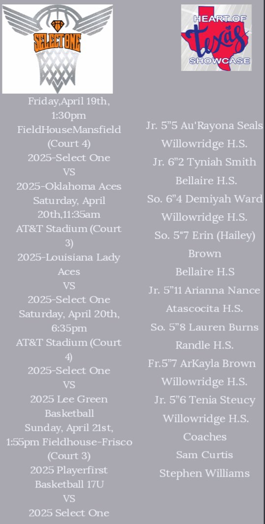 Coaches, come check us out this weekend at the Heart of Texas Showcase @selectonebball @Premier_Acad @Ranger_WBB @PC_FilliesWBB @GSU_WBK @UTSAWBB @Islanders_WBB @SFAWBB @SMUWBB @Ranger_WBB @pjcwbasketball @UHCougarWBB @ABU_WBB @MeanGreenWBB @cowgirl_bball @roos_hoops @UTTylerWBB