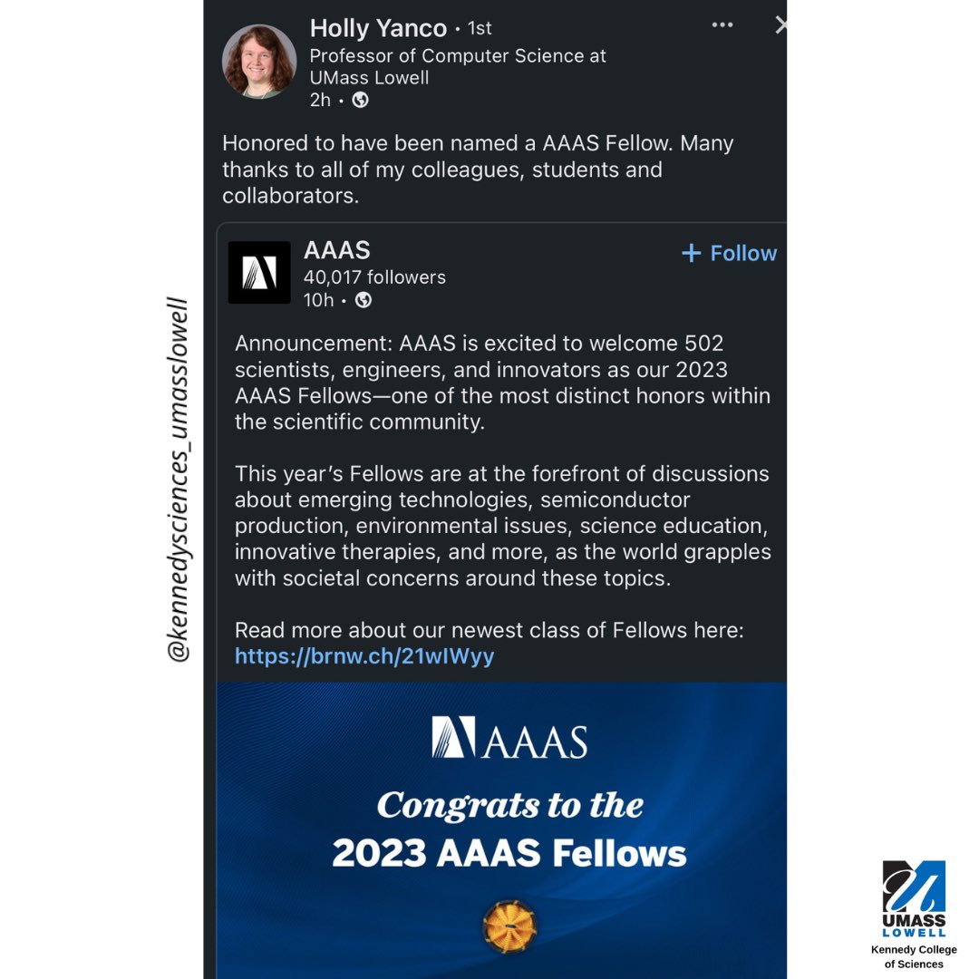 A hearty congratulations to Miner School Chair, faculty member, and so much more, Holly Yanco on being named AAAS Fellow! #whoruntheworld #aaas #cs #nerve