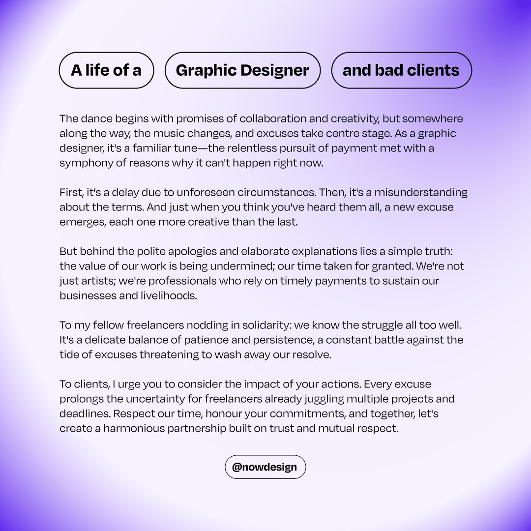 NowDesignAus's tweet photo. Graphic Designers, feel free to reshare! And to the troublesome clients out there, take note! 

#lifeofagraphicdesigner #graphicdesign #graphicdesign #designer #designers #badclients #designerhumour #sadbuttrue #freelancelife #excusesexcuses #respectfreelancers #nowdesign https://t.co/fd6qUw331S