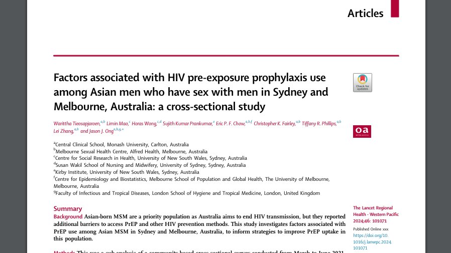 New paper from doctoral candidate @WTieosapjaroen in @LancetRH_WPac exploring factors associated with #HIV pre-exposure prophylaxis use among Asian men who have sex with men in Sydney and Melbourne, Australia: sciencedirect.com/science/articl… #PrEPTalk @CSRH_UNSW @unimelbMSPGH