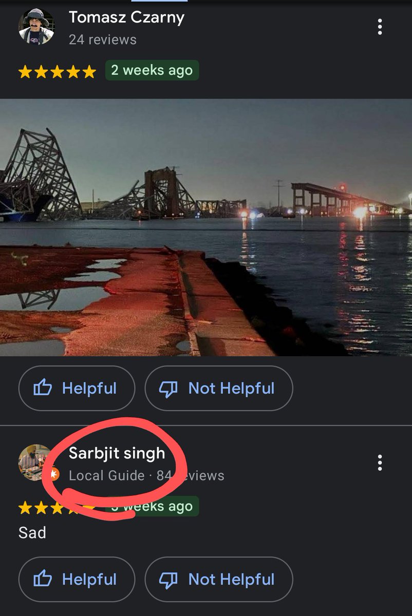 I expected more from a local guide.

The Francis Scott Key Bridge collapses...

Sarbjit sprints to his phone to mourn the disaster in a poetic review on Maps.