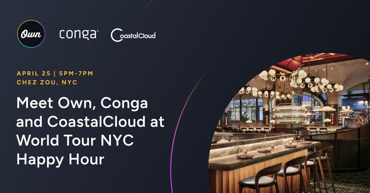 Dreamforce's tweet photo. The Own team will be co-sponsoring a happy hour reception at Chez Zou with CoastCloud and Conga! Join us for an evening of networking at #SalesforceTour NYC, register at https://t.co/ecYICowH5D #OwnCompany #OwnData #Salesforce #ad https://t.co/4ONiDBYMGl