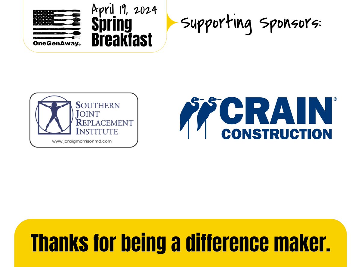 OneGenAway's tweet photo. Wow wow wow, @crainconstruct and Southern Joint Replacement Institute are joining our table and providing 50,000 meals EACH as our Supporting Sponsors for our 11th Annual Spring Breakfast!

We'll see you TOMORROW morning as we work to #WipeOutHunger in our generation! https://t.co/3x1lW22IkA