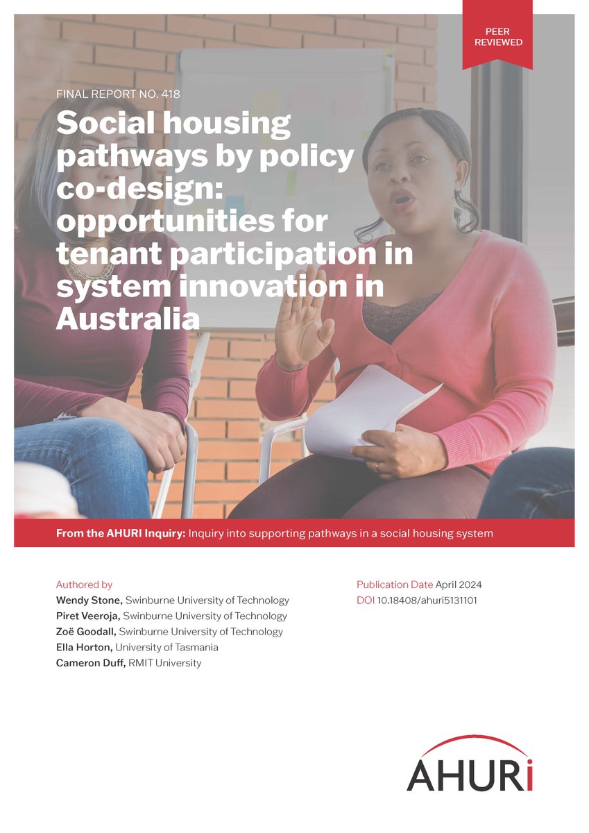 The report, ‘Social housing pathways by policy co-design: opportunities for tenant participation in system innovation in Australia’, undertaken by researchers at @Swinburne, @UTAS_, and @RMIT can be downloaded here: bit.ly/4cU4AJE #SocialHousing #SocialHousingPolicy