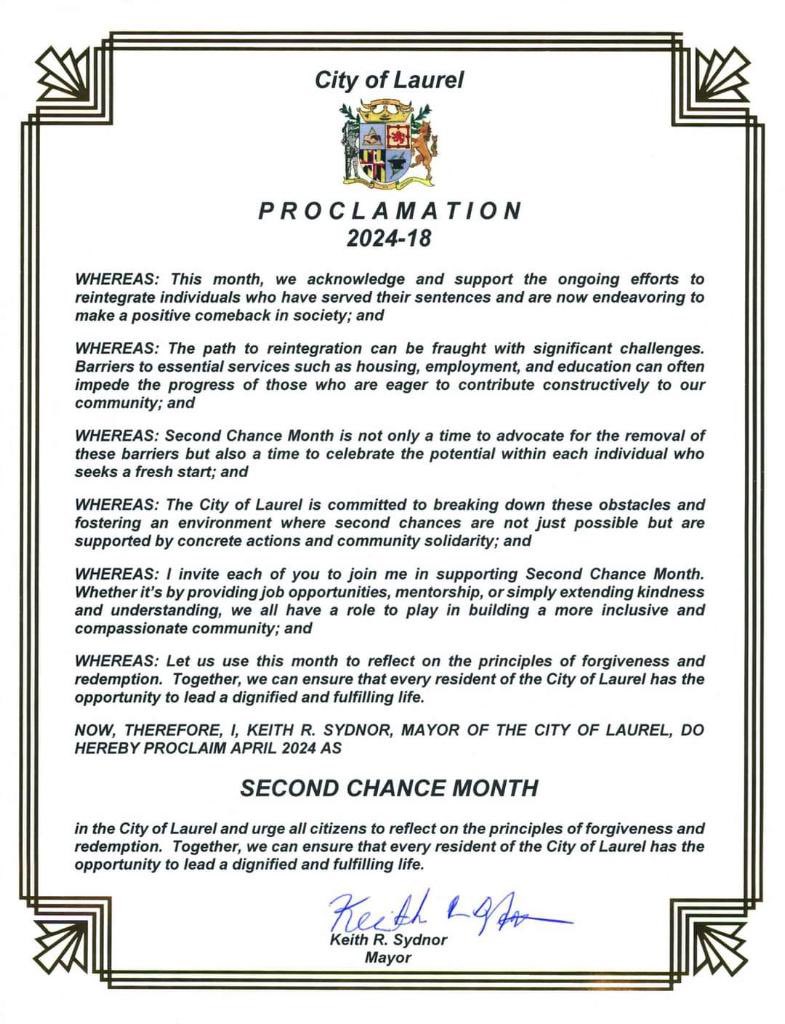 Mayor Keith R. Sydnor has proclaimed the month of April as Second Chance month! Second Chance Month aims to raise awareness of the barriers faced by individuals with criminal records and unlock brighter futures for returning citizens.