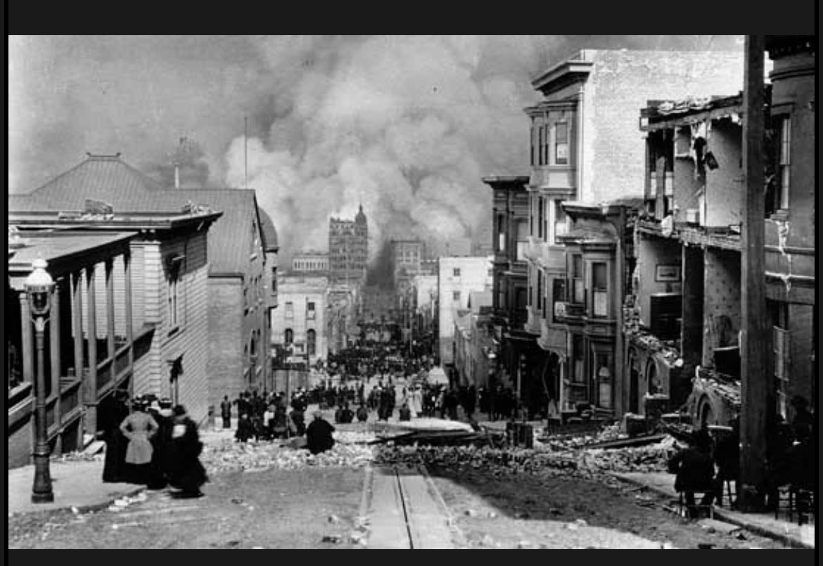 Today in San Francisco history. The view from the top of Nob Hill, looking down California Street towards the Embarcadero as the fire marched up the hill. Both of my great grandmothers, girls at the time, lost their homes in the firestorm that followed the quake.