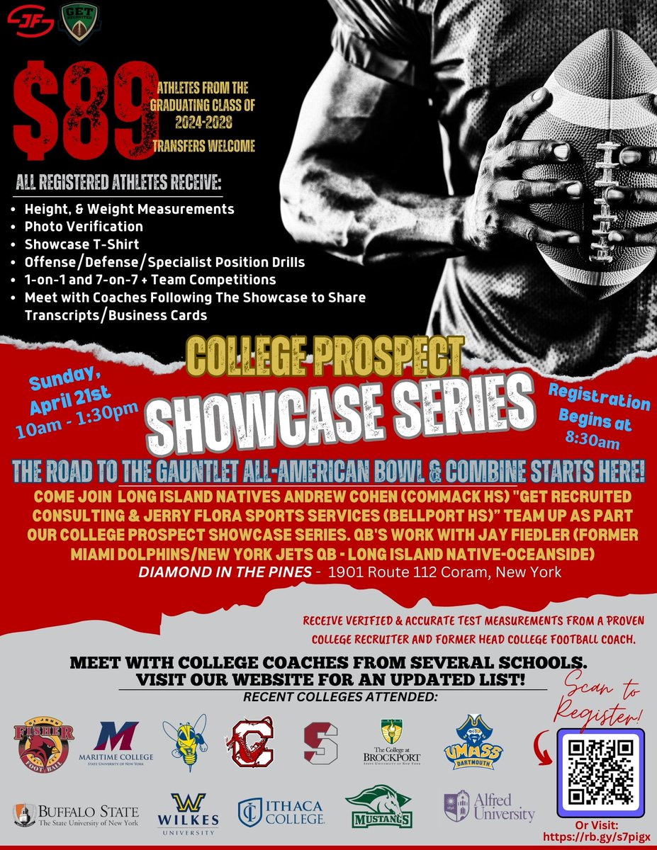 College Football Prospect Showcase - Sunday April 21st, 2024 - Location: Diamond in the Pines, Coram, NY. Scan the QR Code or click the link: buy.stripe.com/28oeVDgPt7V00O… Don't miss this great opportunity! @PremiunSports @jerryflora1 @Coach_Brady @GoMVB @1of1lifeskills #football