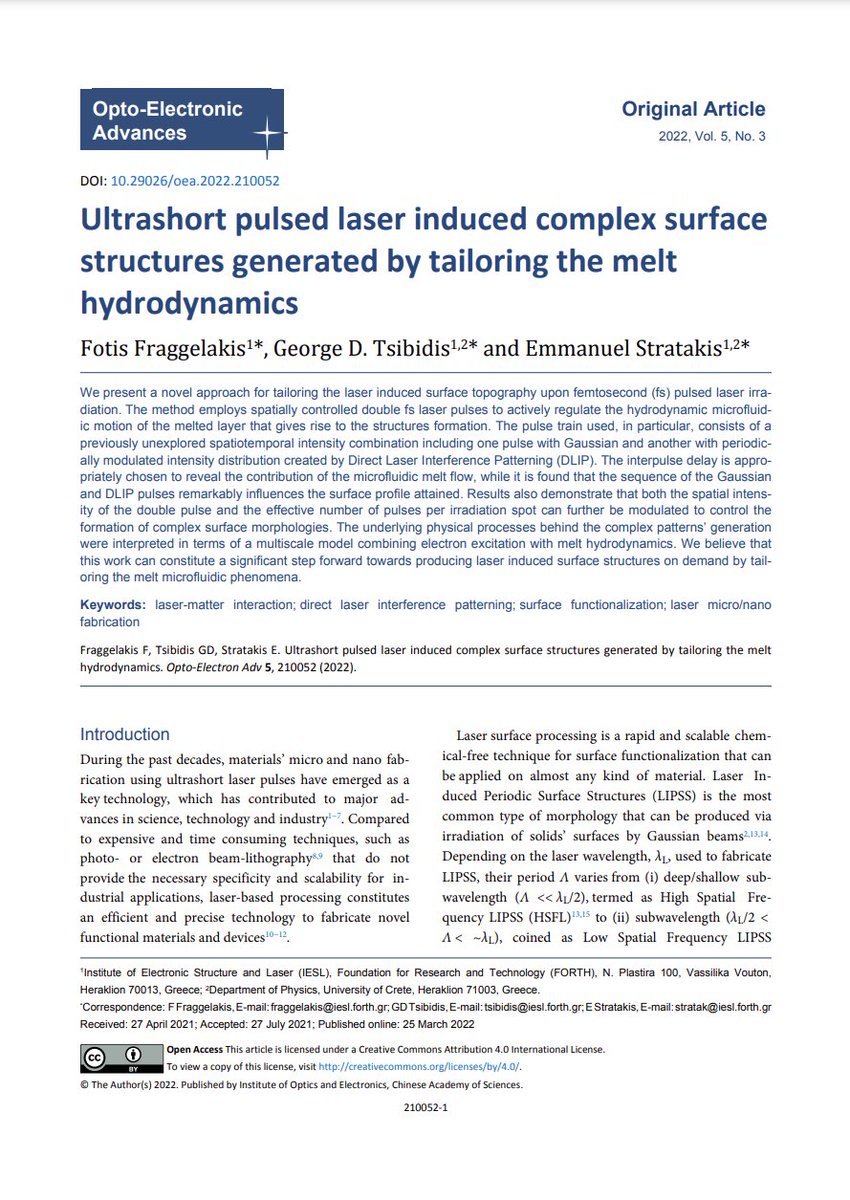 #OEA_retrospect Ultrashort pulsed laser induced complex surface structures generated by tailoring the melt hydrodynamics doi.org/10.29026/oea.2… By Prof. @Stratakis_Emm from @FORTH_ITE #laser #interference #patterning #nanofabrication #DLIP #surface #hydrodynamics